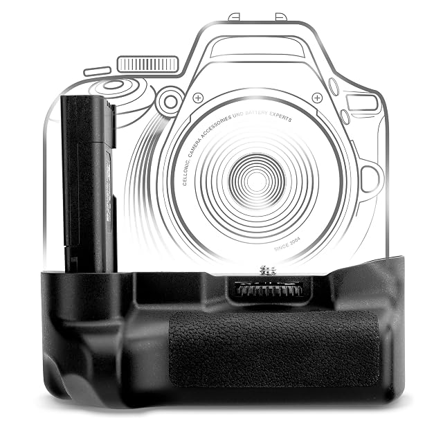 Empuñadura de batería vertical CELLONIC colocada bajo un cuerpo réflex Nikon
