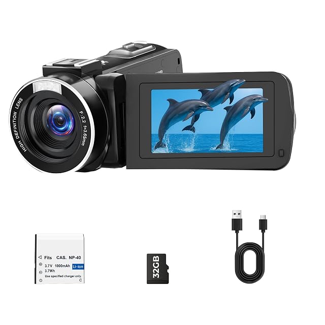 Videocámara negra CAMWORLD AC25 con la pantalla desplegada y la luz LED encima
