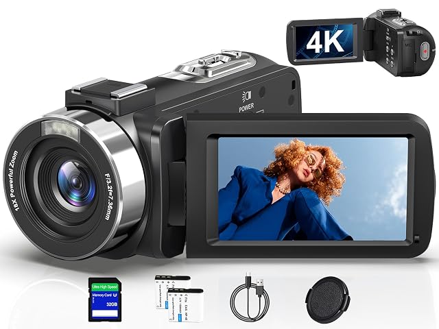 Videocámara negra PITIKI V112 con su pantalla abatible y su conector de micrófono
