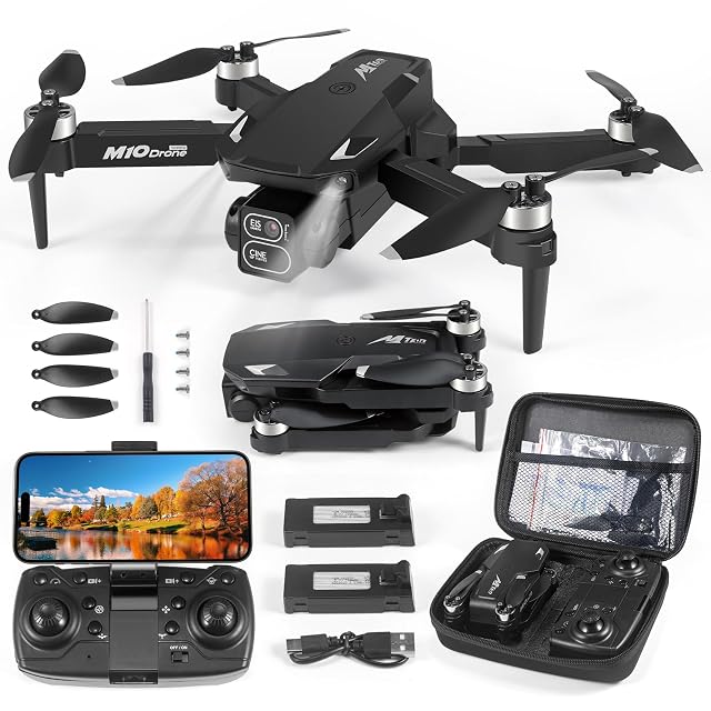 Dron plegable gris Bfhdbdt P8 con su cámara motorizada y su maletín de transporte