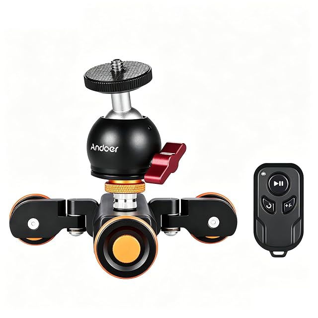 Dolly motorizado Andoer L4 PRO sobre tres ruedas con su mando inalámbrico y su rótula de bola