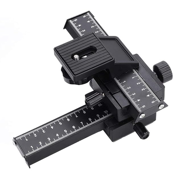 Carril de enfoque macro de dos ejes Wakects en aluminio con sus pomos dentados y su escala