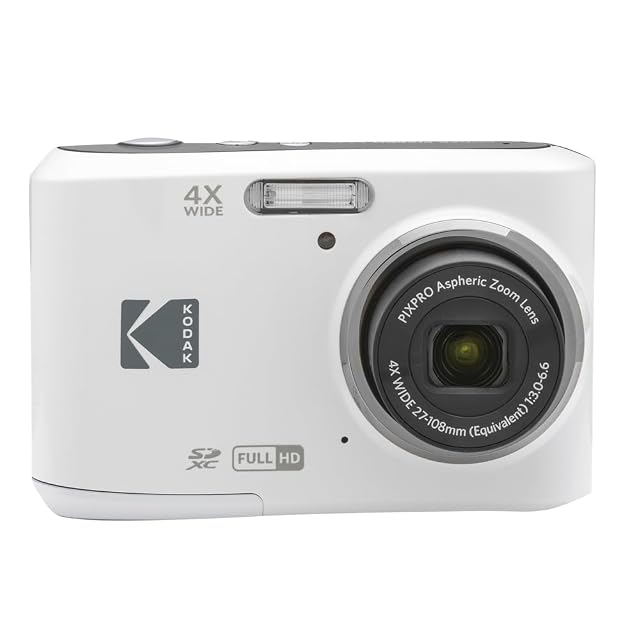Compacta blanca Kodak Pixpro FZ45 con objetivo pequeño y pantalla trasera de 2,7 pulgadas