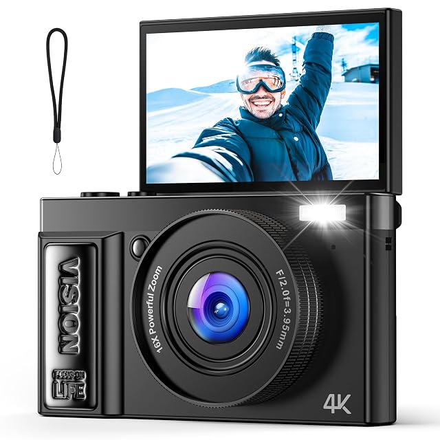 Compacta negra QIUOIO A9 con la pantalla trasera girada hacia delante para selfis