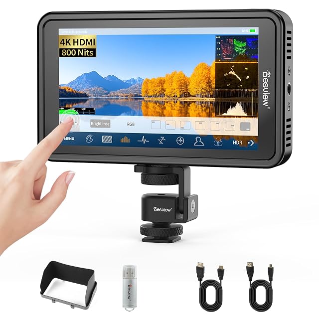 Monitor Desview R5II sobre una cámara, con la visera montada, mostrando una forma de onda