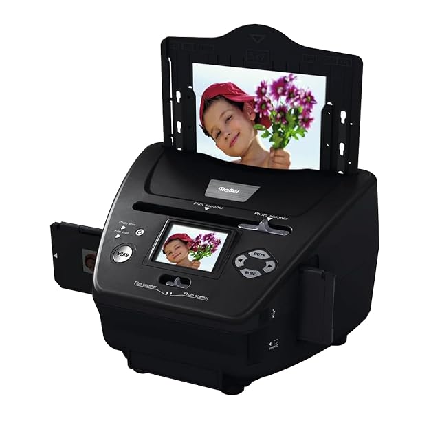 Escáner Rollei PDF-S 240 SE con su pantalla de 2,4 pulgadas mostrando una diapositiva escaneada
