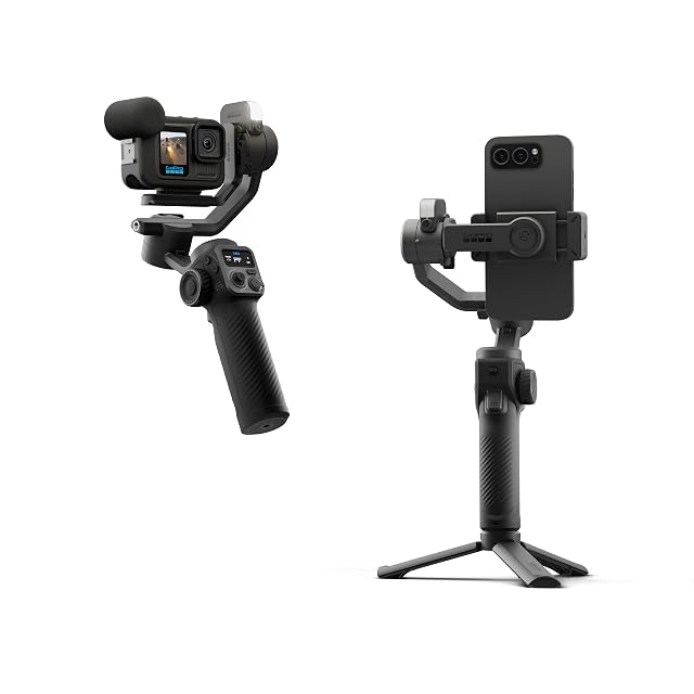 Gimbal de tres ejes GoPro Fluid Pro AI con su módulo de seguimiento por IA y su soporte para móvil