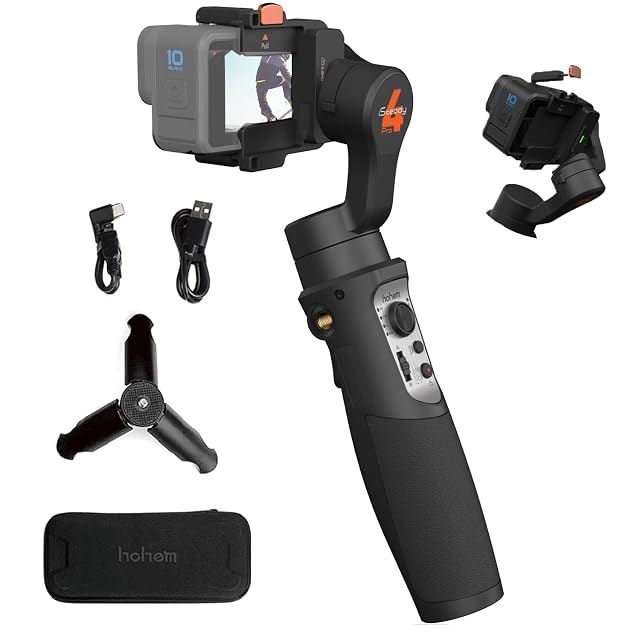 Gimbal negro de tres ejes hohem iSteady Pro 4 sujetando una cámara de acción