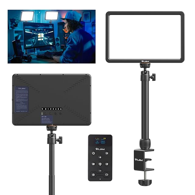 Panel key light ULANZI K20 en su soporte de escritorio con pinza en C y el mando magnético al lado