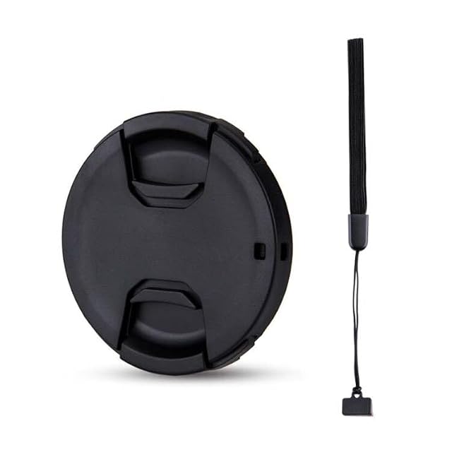 Tapa de objetivo JJC de 52 mm de pinza central con su cordón elástico colocado
