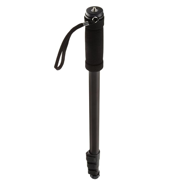 Monopié telescópico Amazon Basics de aluminio negro con su empuñadura acolchada y correa de muñeca