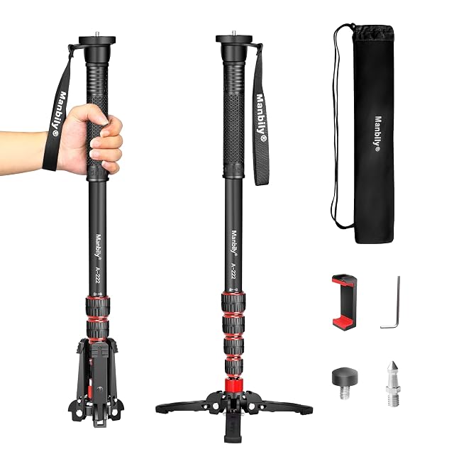 Monopié Manbily A-222 con su base plegable de tres patas abierta y un pincho metálico montado