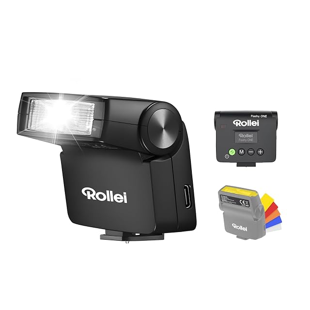 Flash compacto Rollei Flashy ONE negro con una pequeña pantalla LCD en la parte trasera
