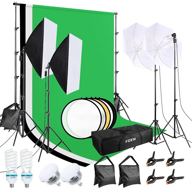 Set de estudio FGen con su sistema de fondo, softboxes, paraguas y pies montados