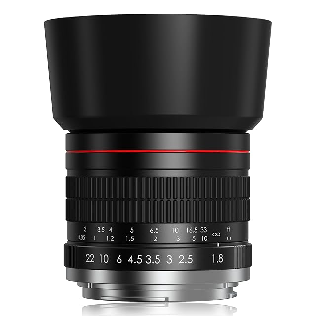 Objetivo de retrato Lightdow 85mm F1.8 de metal negro con un anillo de enfoque ancho y el parasol montado
