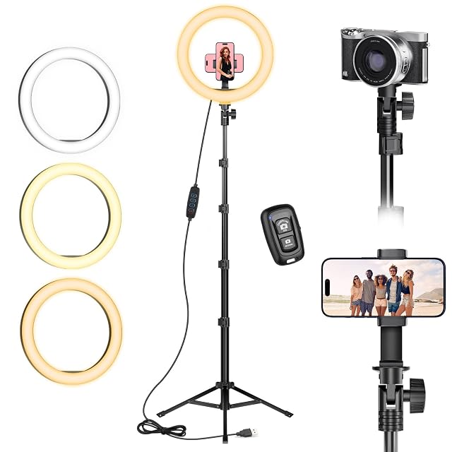 Aro de luz AIXPI de 10 pulgadas sobre un pie alto con soporte para móvil de 360 grados