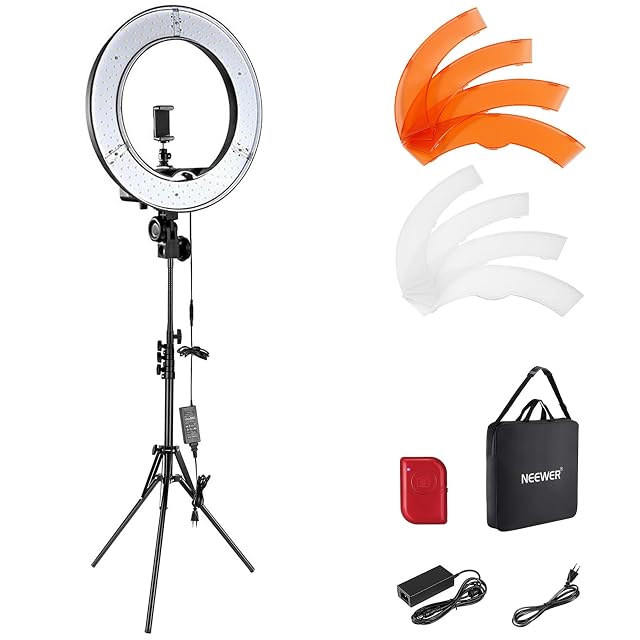 Aro de luz NEEWER de 18 pulgadas sobre un pie alto con soporte de móvil en tubo flexible y juego de filtros