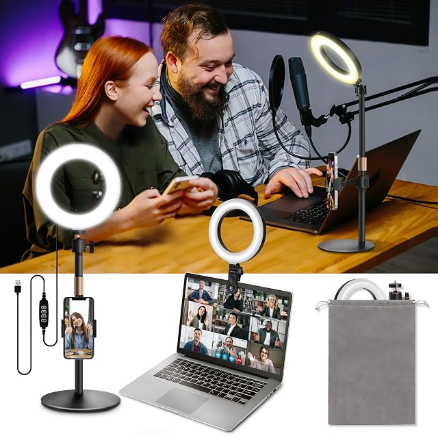 Aro de luz Railee de 6 pulgadas sobre un pie de mesa lastrado con su pinza para monitor al lado