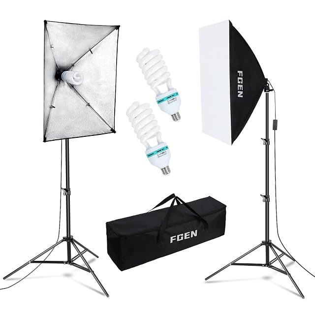 Kit de softbox FGen con dos cajas de 50 por 70 cm sobre pies y sus bombillas CFL