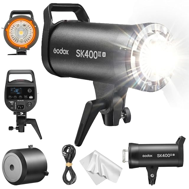 Flash de estudio Godox SK400III-V negro con su panel de control y bayoneta Bowens