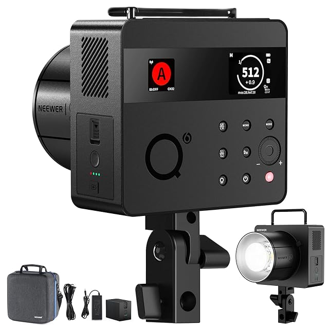 Flash de estudio NEEWER Q6 con cuerpo cuadrado, asa plegable y dos pantallas de color