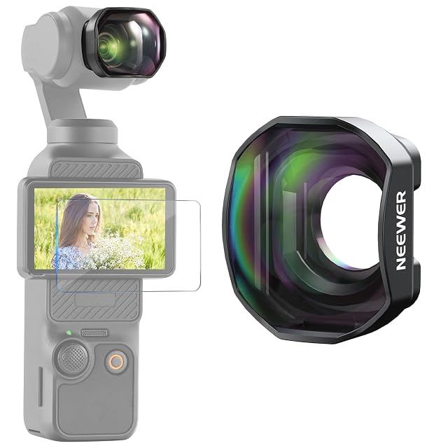 Teleconvertidor NEEWER acoplado magnéticamente a la parte delantera de una DJI Osmo Pocket