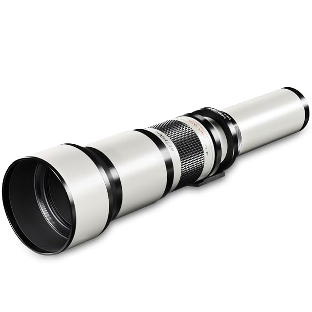 Teleobjetivo Walimex pro 650-1300mm, largo barril metálico negro con el parasol extendido