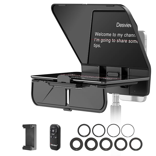 Teleprónter Desview T5 con una tableta montada y sus anillos adaptadores dispuestos