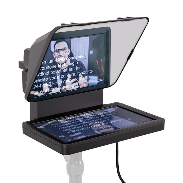 Elgato Prompter con su pantalla integrada mostrando un guion delante de una cámara