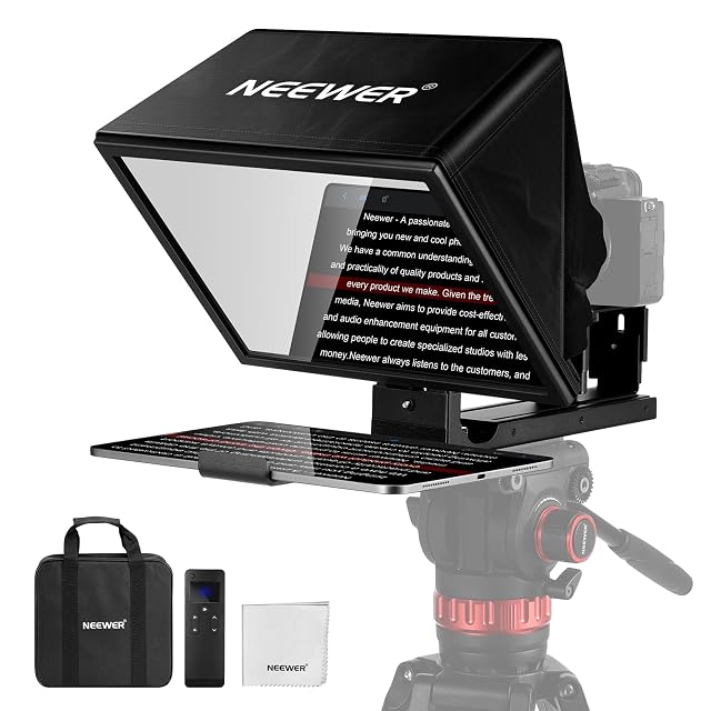 Teleprónter NEEWER X12B desplegado con una tableta colocada y su mando