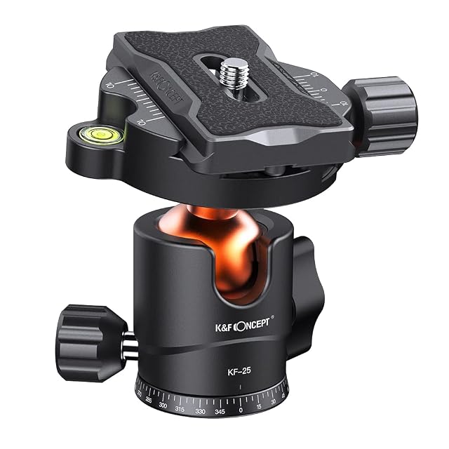 Rótula de bola K&F Concept KF-25 negra con sus tres pomos de control y su nivel de burbuja