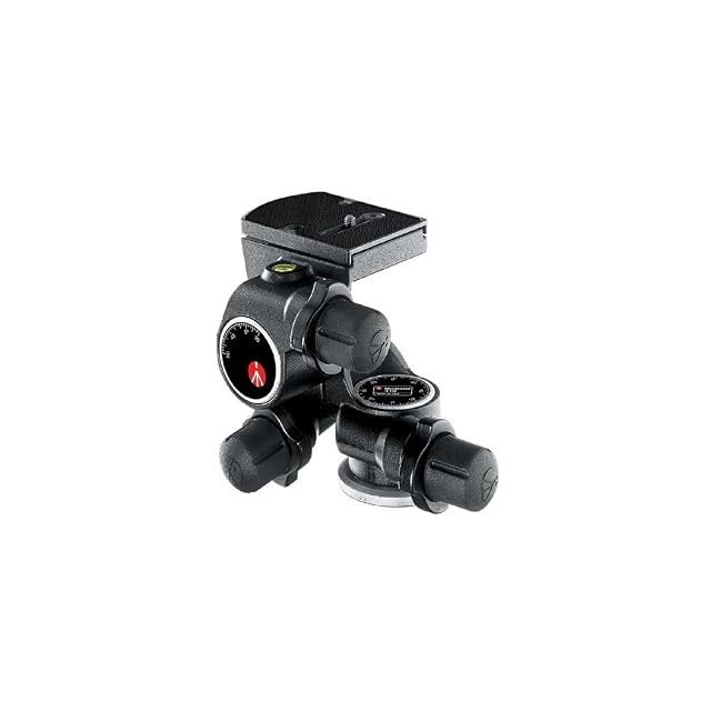 Rótula de engranajes Manfrotto 410 Junior con sus tres pomos de ajuste y su nivel de burbuja