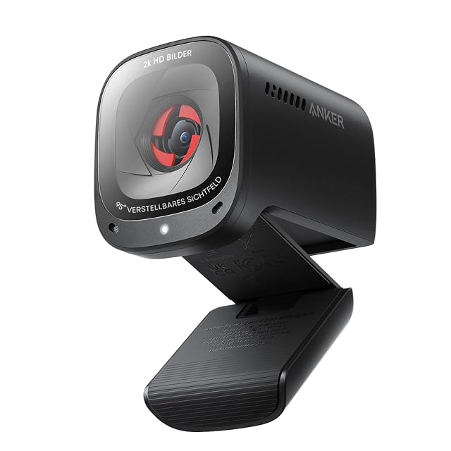 Webcam Anker PowerConf C200 negra con tapa de privacidad deslizante en una pinza de monitor