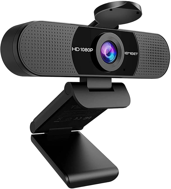 Webcam EMEET C960 negra con un objetivo amplio y micrófonos a cada lado