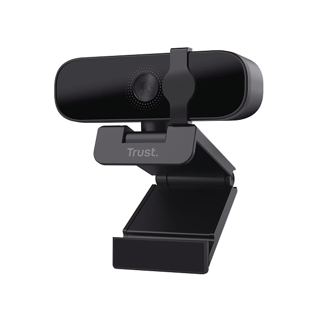 Webcam Trust Oran negra con tapa de privacidad deslizante sobre un soporte universal